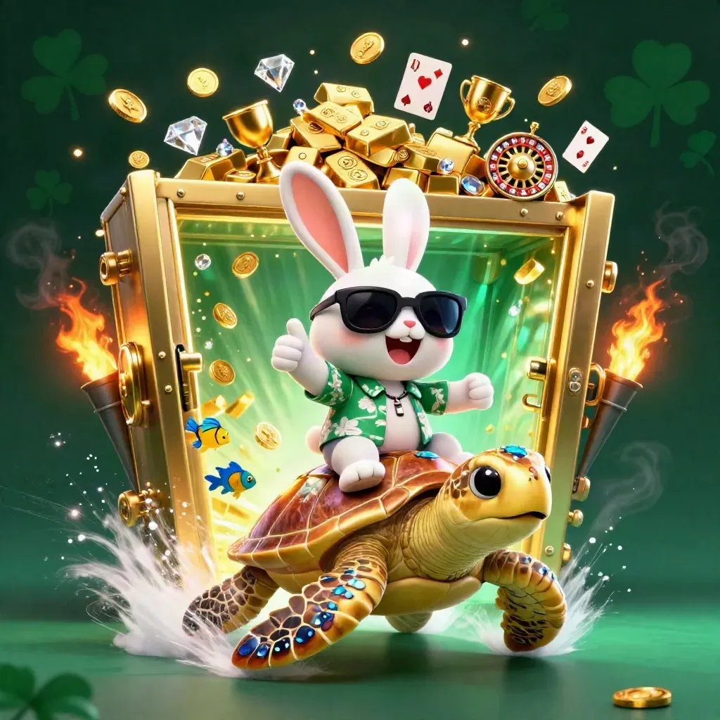 Lucky rabbit rides a golden turtle through a vault burst, with coins, gems, and neon light.