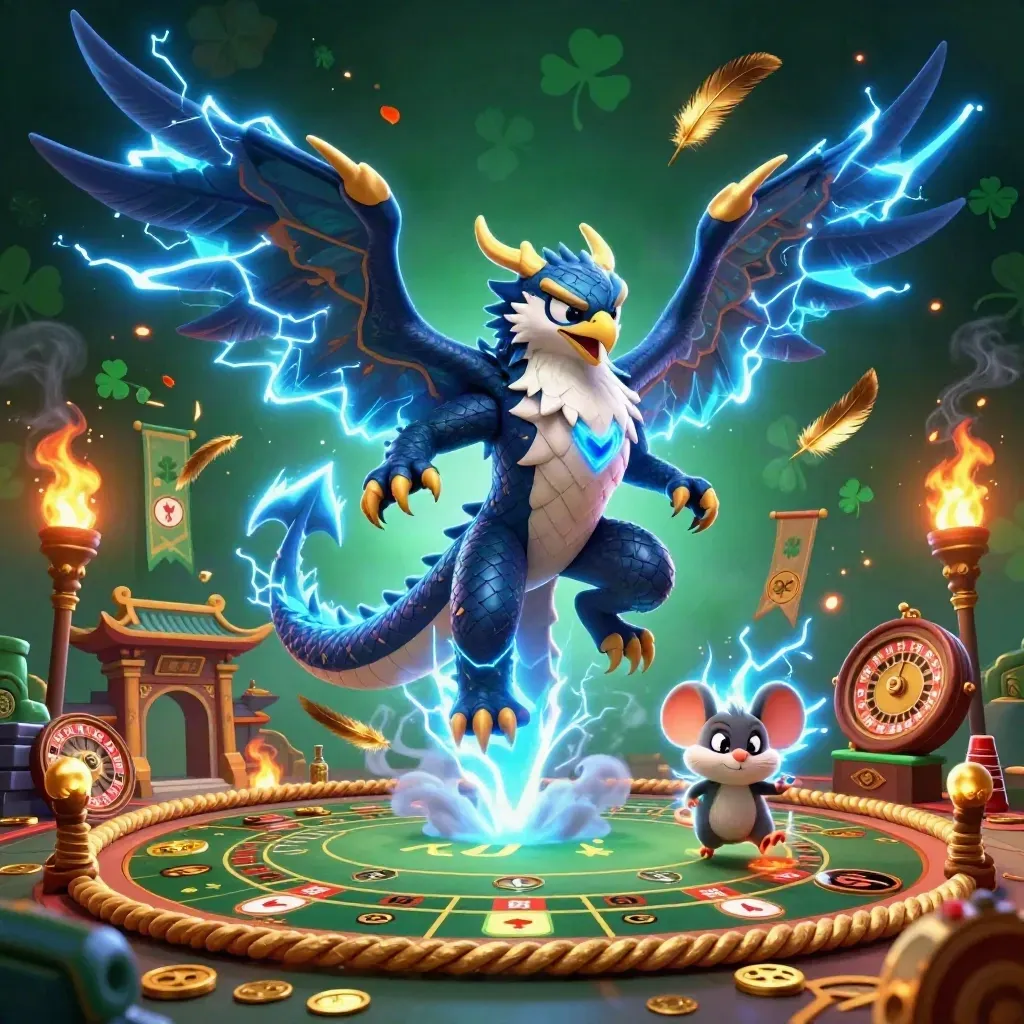 Thunder dragon, hawk, and mouse in a luxury casino storm with gold and teal lighting.