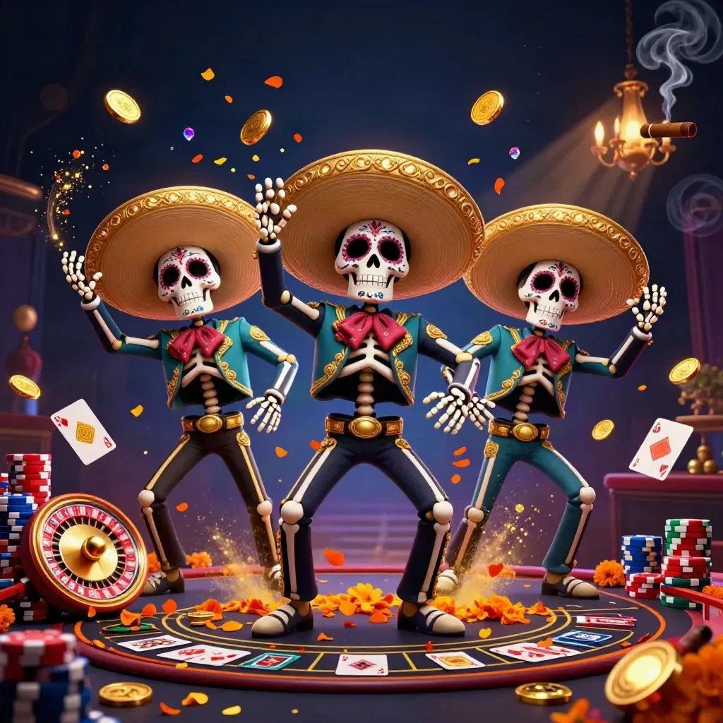 Skeleton mariachi trio amid casino coins, gems, roulette glow, and chandelier light.
