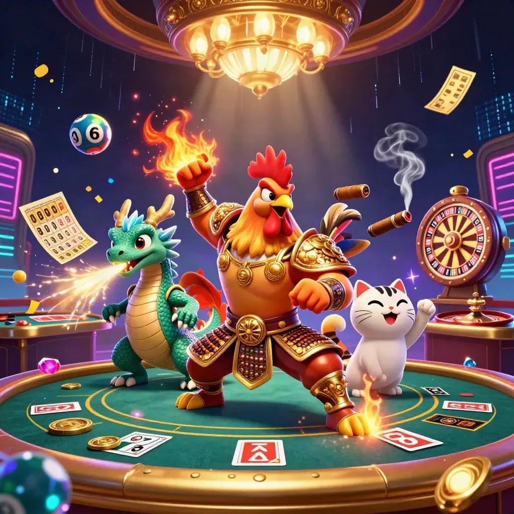 Samurai rooster, spark-breathing dragon hatchling, and fortune-cat amid neon casino lights and wheels.