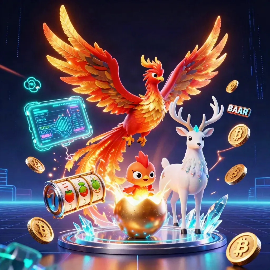 Fire phoenix, baby hatchling, crystal stag, coins, reels, and teal neon energy on a dark grid.