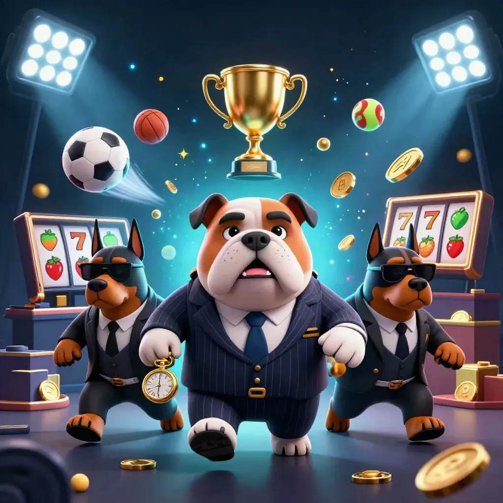 Cartoon bulldog boss and Doberman guards amid sports balls, trophies, coins and neon casino glow.