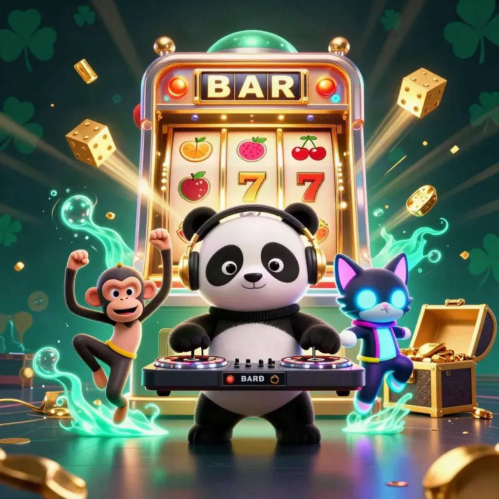 DJ panda, monkey, and rave kitten amid exploding slot symbols and gold treasure