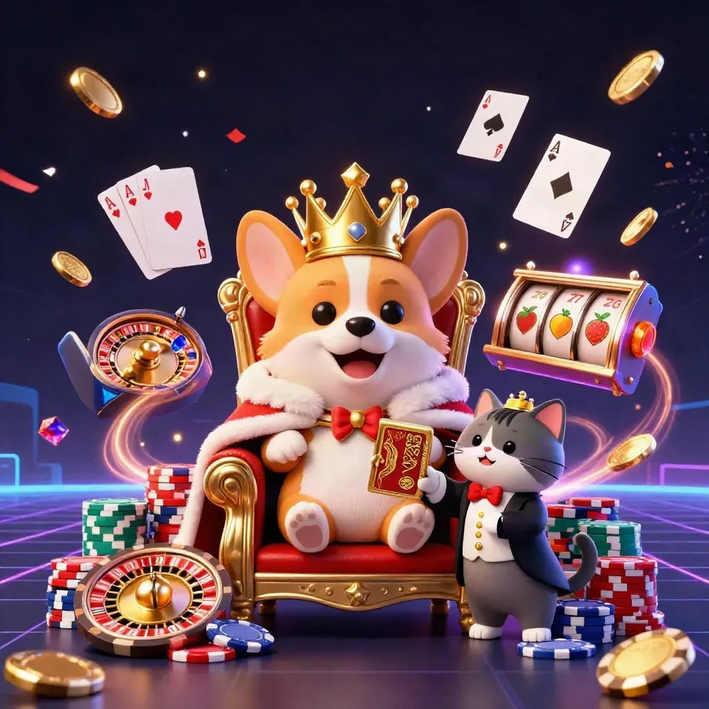 Royal corgi and cat butler amid chips, coins, cards, roulette wheel, and neon casino effects.