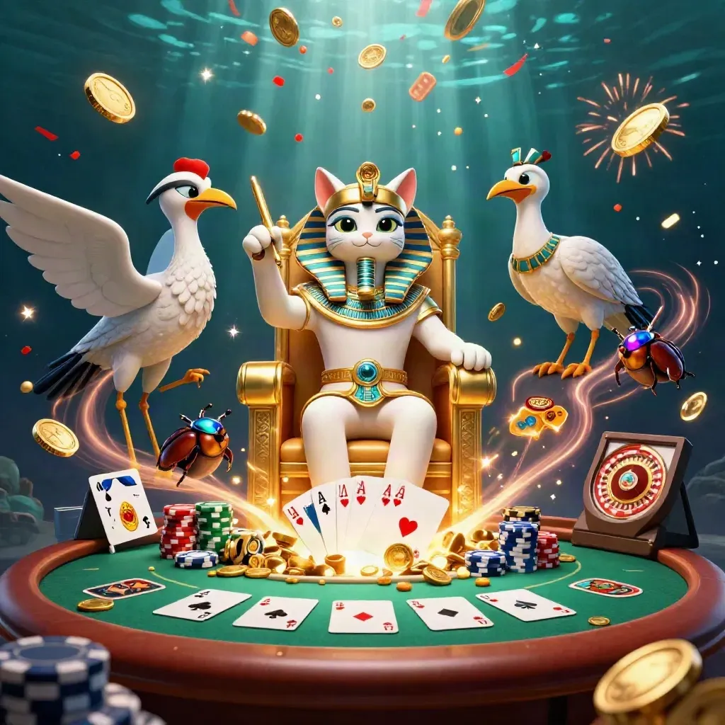 Pharaoh cat, ibis scribe, and gem-wing scarabs amid casino coins, fireworks, chips, and teal light.
