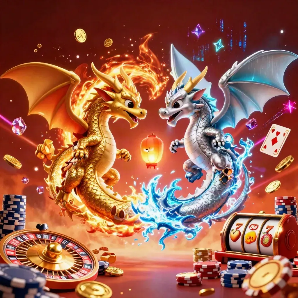 Gold and silver dragons spiral with coins, chips, cards, roulette, slots, and a glowing lantern spirit.