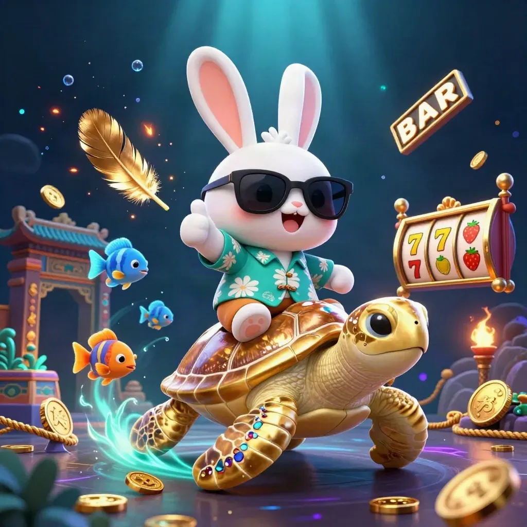 Lucky rabbit rides a gem-shelled sea turtle amid casino tokens, tropical fish, and glowing navy-teal magic.