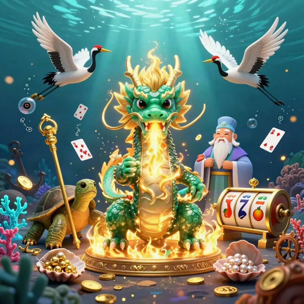 Jade dragon, turtle sage, and cranes in a gold-lit underwater treasure cove with teal casino sparks.